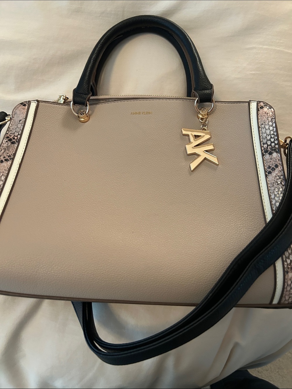 Anne Klein Taupe Satchel with Black Handles and Gold AK Charm